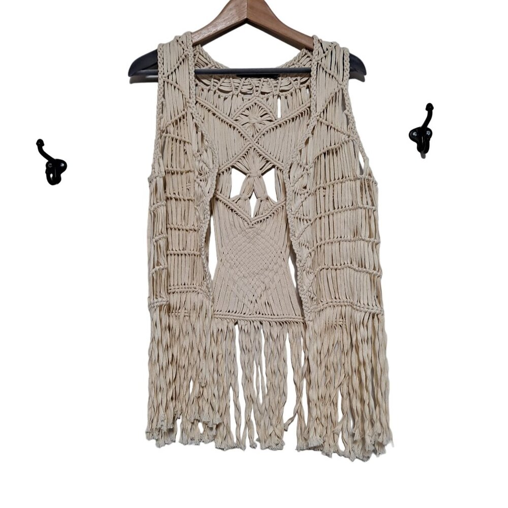 Ark & Co Vest Woman Small Crochet Fringe Macrame Boho Festival Hippie White